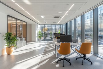Modern Empty Office Space Features Ergonomic Chairs and Minimalist Design With Ample Daylight. Generative AI