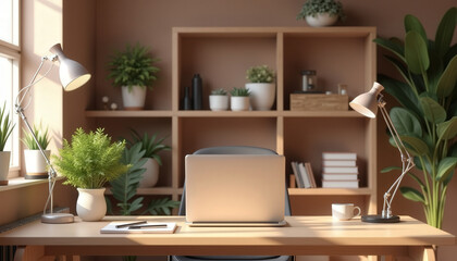Home office with plants and warm mocha-toned decor. Color Mocha Mousse
