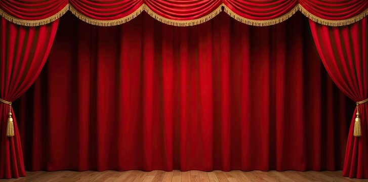 Ornate red curtain with gold trim and tassels, tassel detail, ornate details