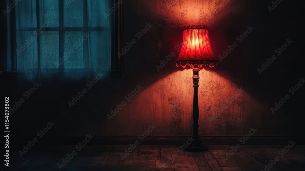 Poster cozy vintage red lamp illuminating a dark room with soft shadows and a window backdrop creating an i