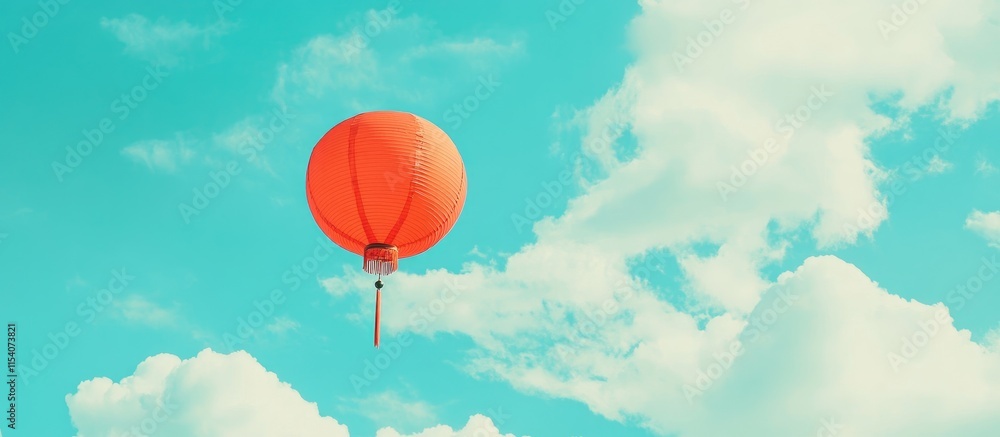 Poster red paper lantern floating against a bright blue sky with fluffy clouds creating a serene and festiv