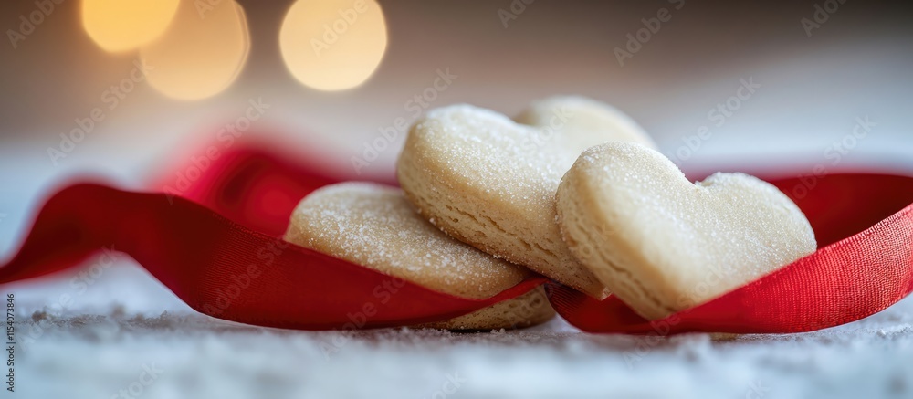 Poster red ribbon with shortbread heart cookies elegantly displayed with soft focus lights in the backgroun