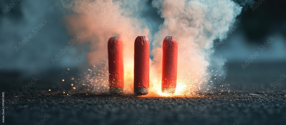 Poster red firecrackers exploding on asphalt with smoke billowing creating a festive and dynamic atmosphere