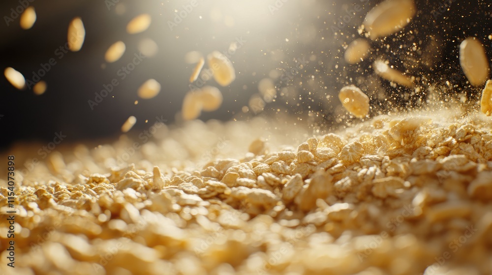 Poster golden oats falling in sunlight with grains creating a dynamic, earthy backdrop emphasizing the text