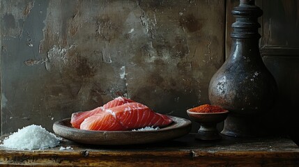 Fresh salmon fillets with coarse sea salt and spices arranged on a rustic wooden table for culinary inspiration and food styling