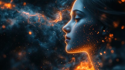Woman's profile, fiery, cosmic background.