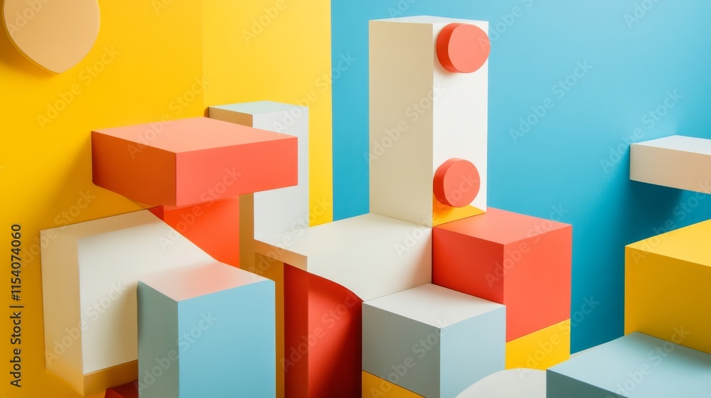 Poster an abstract block-building setup with geometric patterns, contemporary construction style, photo of