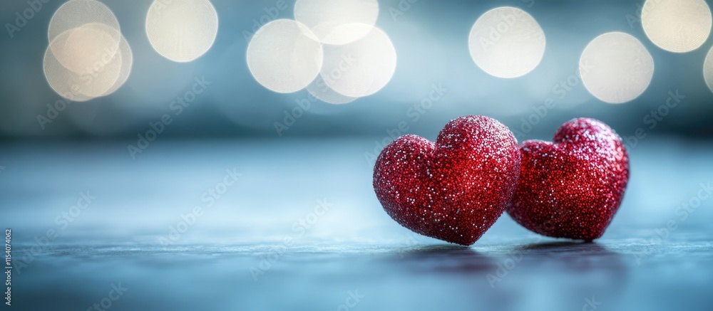Poster red glitter hearts on a bright bokeh background of white creating a romantic and festive design conc