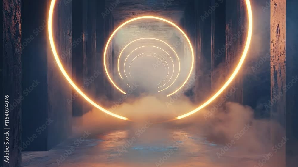 Poster tunnel illuminated by circular lights with dust floating in the air creates a surreal atmosphere, 3d