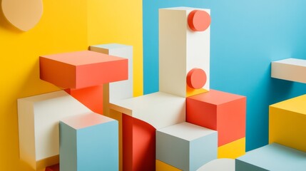 An abstract block-building setup with geometric patterns, Contemporary construction style, photo of