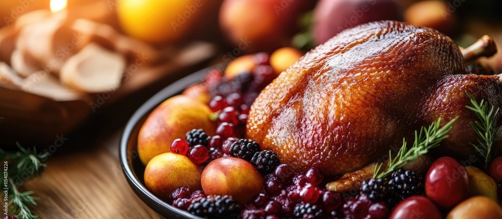 Poster roast duck garnished with fruit and berry sauce beautifully arranged on a rustic table setting for a
