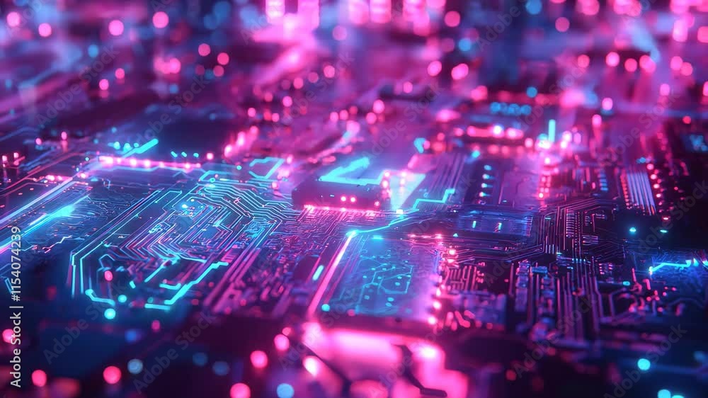 Poster neon microchip city grid with vibrant bokeh in augmented reality setting, 3d neon microchip city gri
