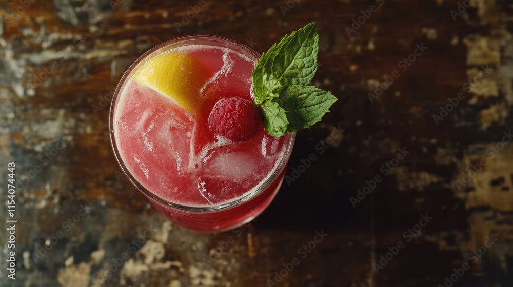 Aufkleber raspberry cocktail with lemon and mint overhead view on rustic wooden tabletop design