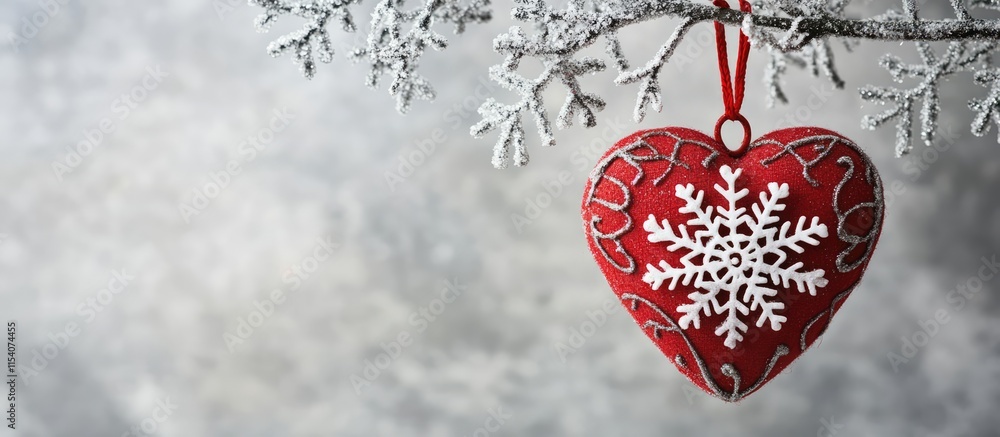 Poster red handmade heart with snowflake hanging from frosty tree branch on gray silver backdrop perfect fo