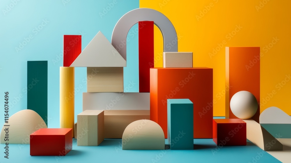 Poster An abstract block-building setup with geometric patterns, Contemporary construction style, photo of