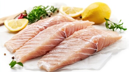 Fresh fillets of raw fish garnished with lemon slices and herbs on a white surface ready for cooking or culinary presentation