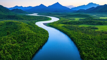 Obraz premium Serene Aerial View of Meandering River Through Lush Green Landscape