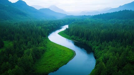 Serene River Winding Through Lush Green Forested Mountainscape