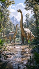Two dinosaurs in a lush prehistoric landscape near a stream.