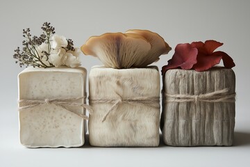 Explore mycelium-based sustainable packaging showcasing creativity and eco-friendly design with natural elements
