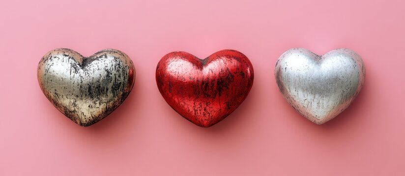 Elegant red and silver hearts arranged on a soft pink background ideal for romantic themes and celebrations of love