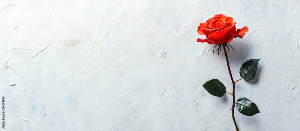 Poster red rose on white textured background symbolizing romance with ample copyspace for text in a heartfe