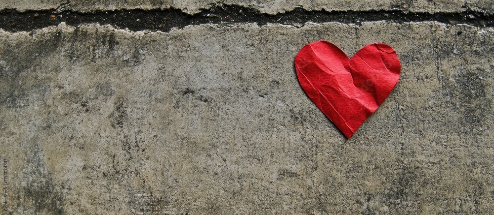 Poster red paper heart shape resting on textured concrete surface symbolizing love and affection in an urba
