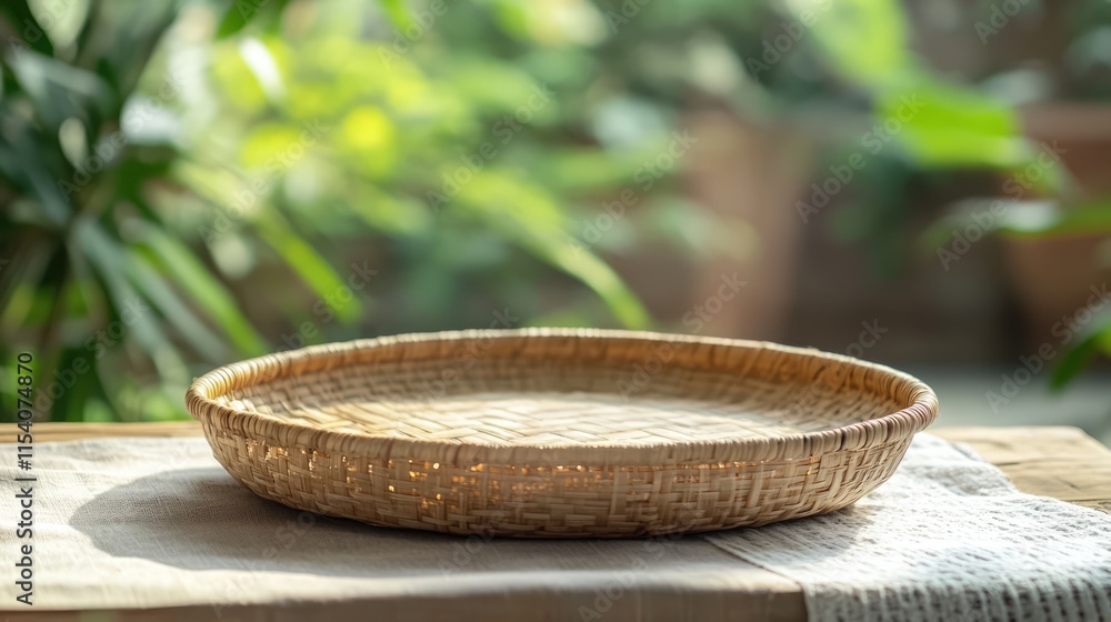 Poster rattan plate on wooden table with tablecloth and greenery in soft background creating a warm and nat