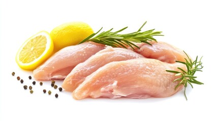 Fresh chicken breast fillets with lemon and herbs on a white background for culinary and food preparation concepts