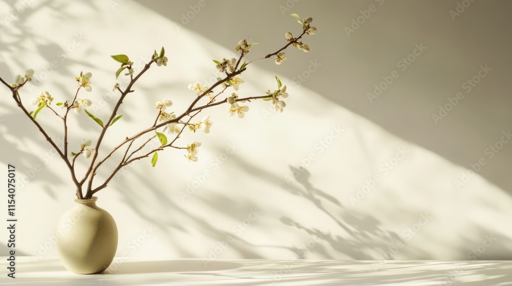 Poster spring buds in vase casting trendy shadows on light background with natural sunlight and ample copy 