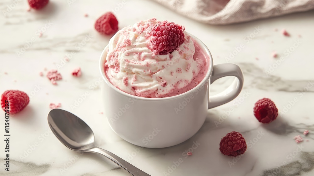 Poster raspberry mug cake with whipped cream and fresh raspberries on a marble counter with a spoon beside 