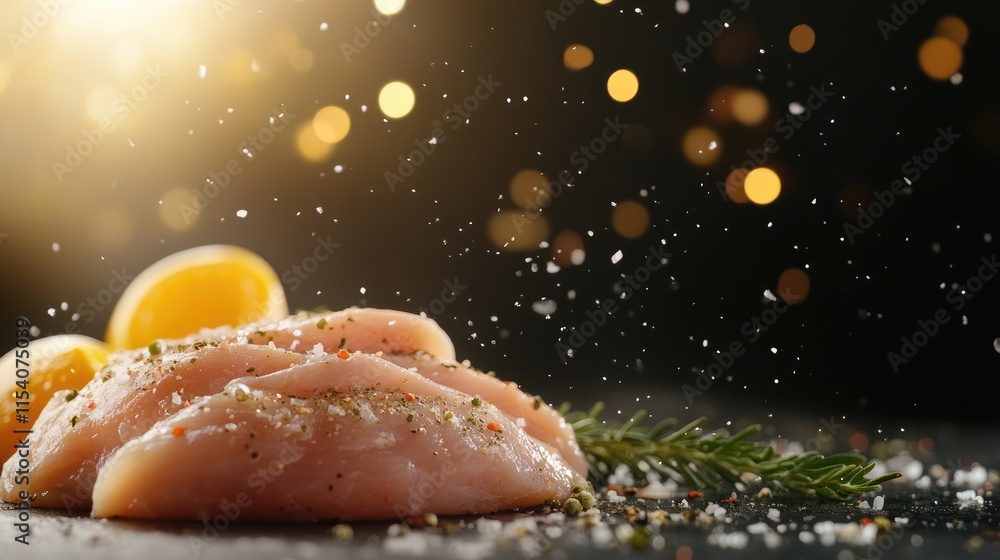 Poster raw chicken fillet slices with spices and herbs on a dark background illuminated with bokeh lights i