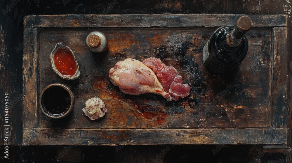 Poster raw chicken breast and various condiments arranged on a rustic wooden table in a top view compositio