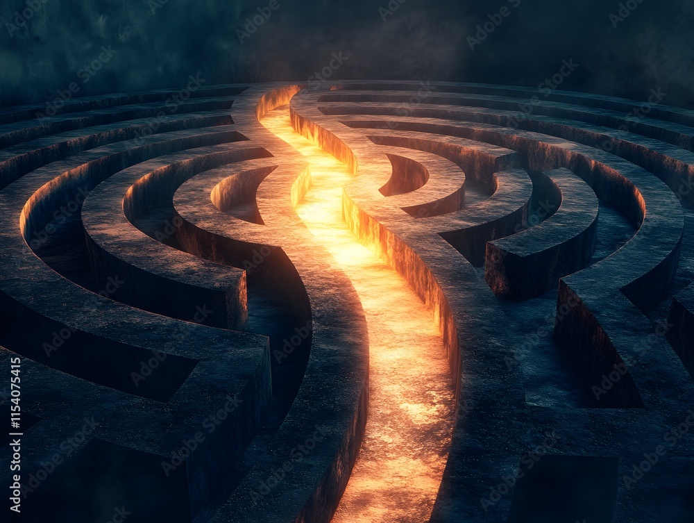 Fototapete Enigmatic Maze with Fiery Pathway Illuminated by Glowing Lava in a Mysterious, Dark Environment Creating a Sense of Intrigue and Adventure