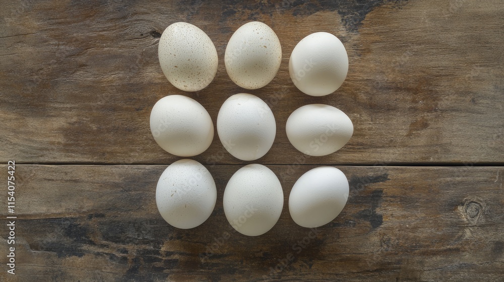 Aufkleber fresh white chicken eggs arranged in a grid on a rustic wooden table viewed from above