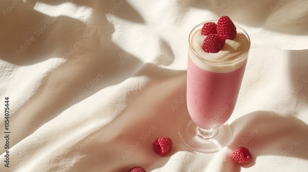 Aufkleber raspberry smoothie in a glass garnished with fresh raspberries on soft linen background creating a v
