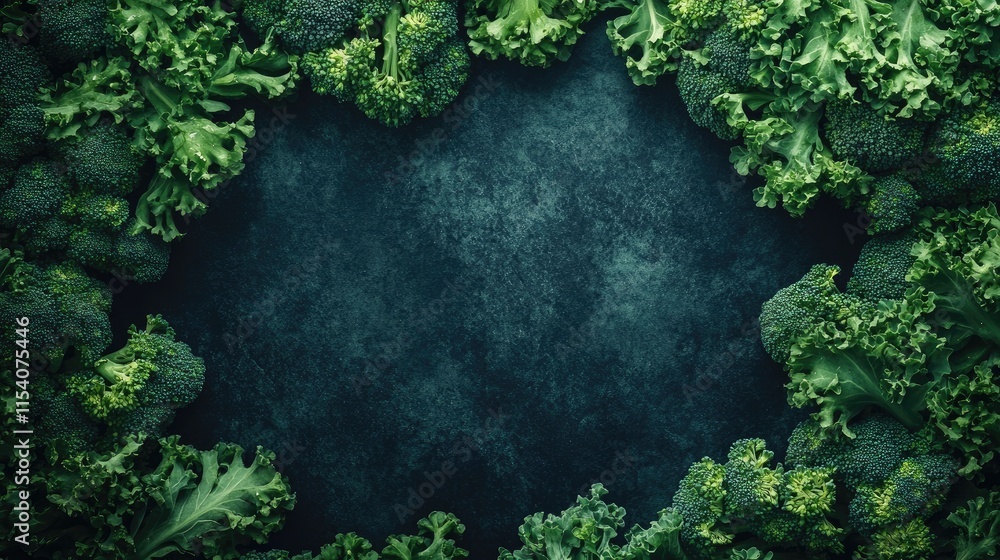 Poster fresh broccolini florets arranged in a circular frame on a dark textured surface ideal for healthy e