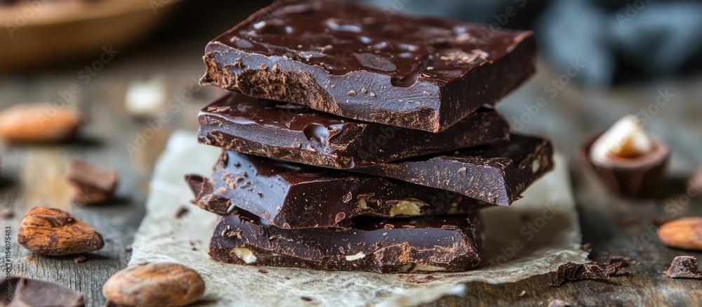 Poster decadent dark chocolate pieces stacked on a rustic wooden table with almonds and cocoa beans surroun