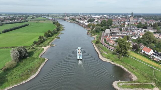 Aerial from the river IJssel near Zutphen in the Netherlands