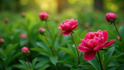 Fototapeta premium Delicate red peony blooms amidst lush green foliage, floral, spring