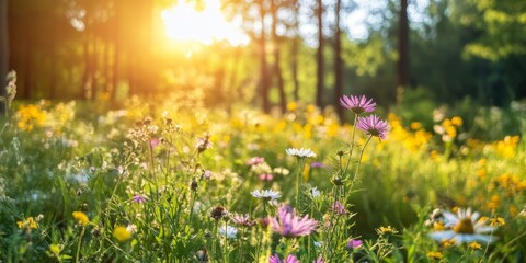 Obraz premium Vibrant Wildflowers Bloom in a Sunlit Meadow During Early Morning in a Tranquil Forest Setting
