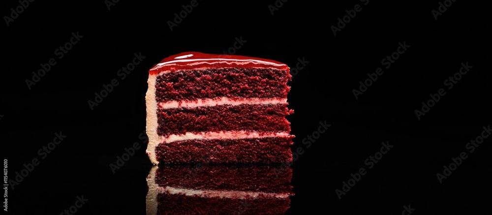 Poster red velvet cake slice isolated on black background tempting dessert close up with space for text ins
