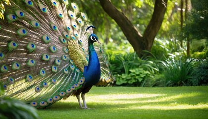A stunning peacock showcasing its vibrant and colorful tail feathers under the soft sunlight in a lush, tropical garden setting. A symbol of beauty and elegance