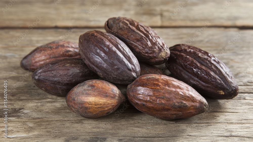 Poster raw cocoa beans and cocoa pods arranged on rustic wooden surface showcasing natural textures and ear