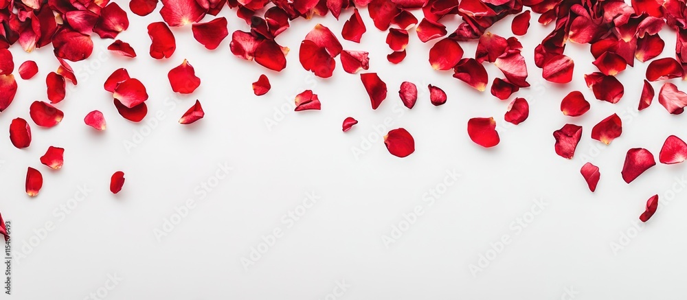 Poster rose petals in vibrant red and pink scattered on a white background with ample empty space for text 
