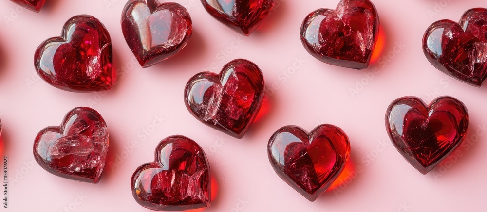 Poster handcrafted red hearts arranged on a soft pink background with ample copy space for personalized mes