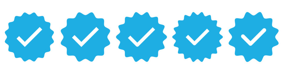 Social media account verification icons. Verified badge profile set. Isolated check mark on black, blue and white. Set of blue check mark badge icons. Profile verification icons.