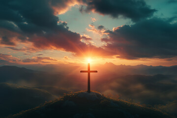 Fototapeta premium Dramatic Christian Cross at Sunset with Dark Clouds and Sunbeams Depicting Resurrection and Easter Spirituality