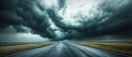 Twisting road under dramatic stormy skies over a tundra landscape with dark clouds and rain-soaked surface reflecting the turbulent weather