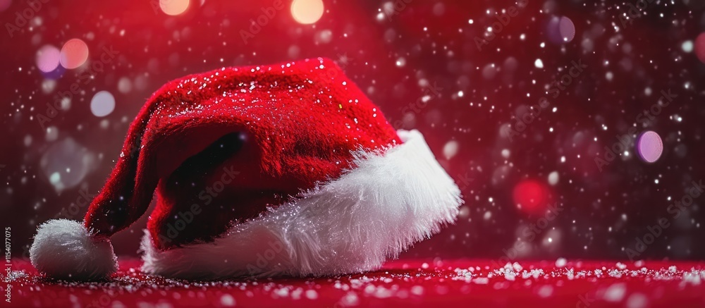 Poster festive santa claus hat resting on a surface with a snowy background and bokeh lights creating a joy